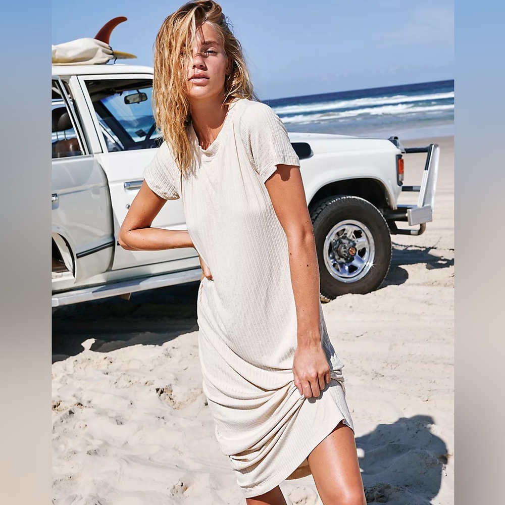 Free People Simone Beach white short sleeve slinky fitted T-Shirt  maxi dress M
